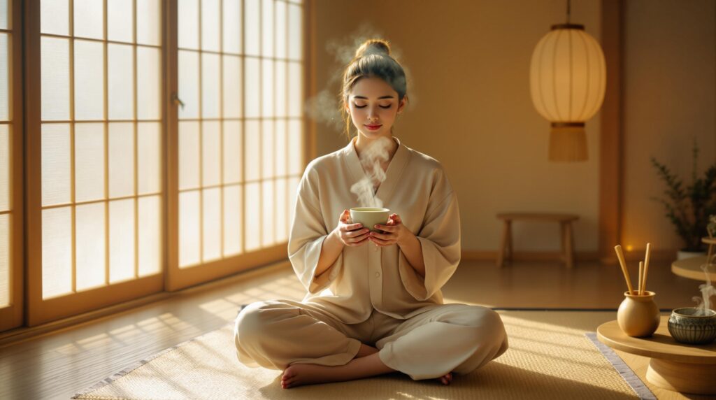 Junge Frau trinkt Matcha-Tee in japanischem Raum, friedlich und fokussiert, Symbol für Gesundheit und Gelassenheit durch L-Theanin und Koffein.