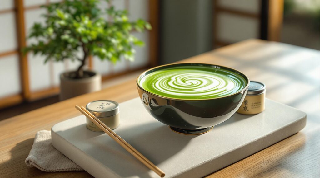 Zubereiteter Matcha-Tee in Keramikschale mit Bambusbesen, hochwertiges Zen-Setting für gesunde Morgenzeremonie.