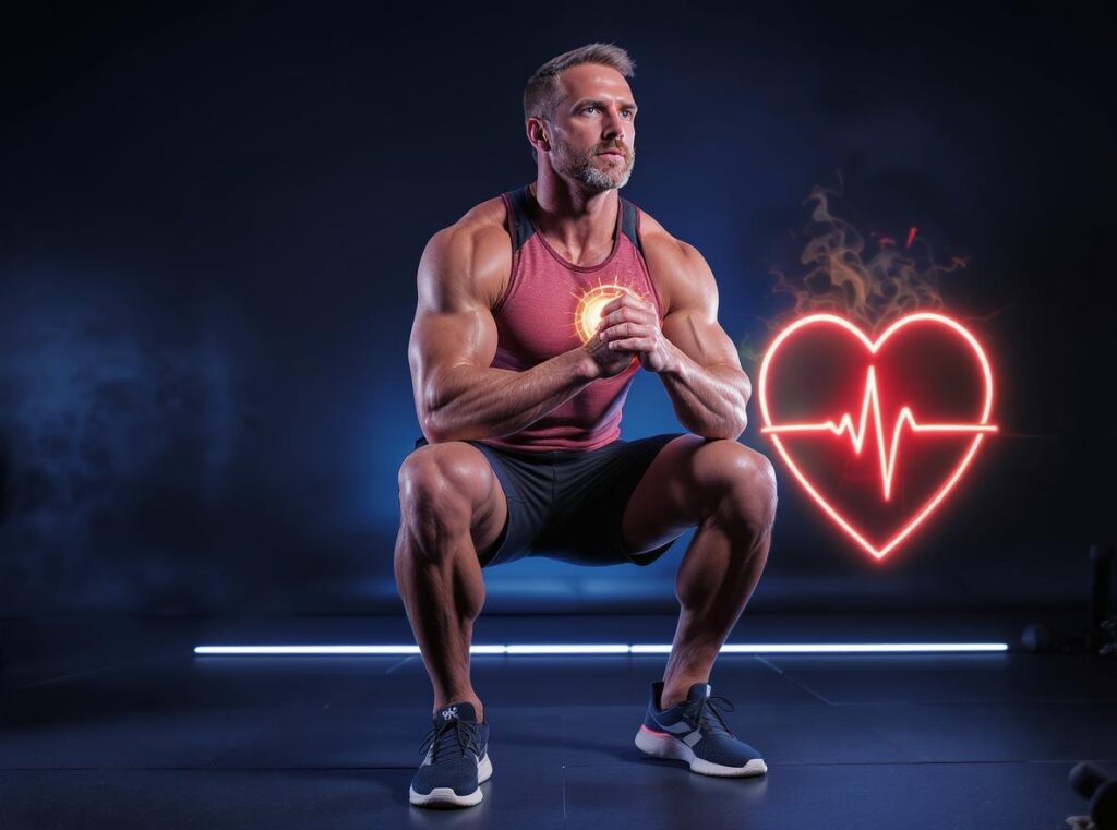 Aktiver senior um die 50 squattet in stylischem studio, demonstriert fitness und herzstärke. gerzgesund durch taurat. symbolbild.